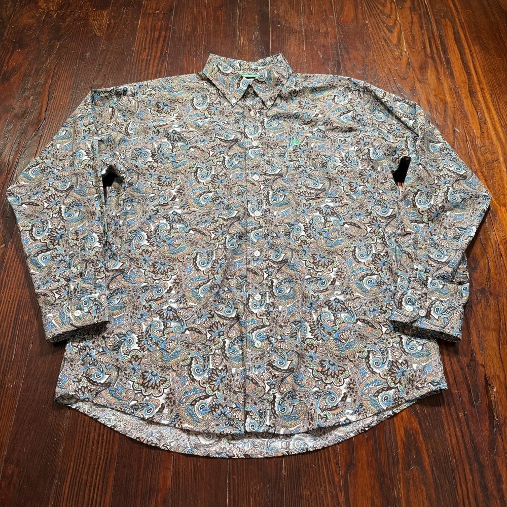 Cinch Shirt Mens Medium Blue Brown Paisley Button Up Western Cowboy - EUC